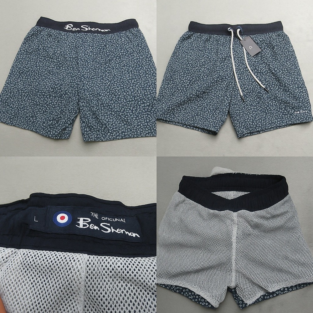 Ben Sherman Swim Shorts Mens Large Blue Floral Pockets‎ Drawstring Lined NEW